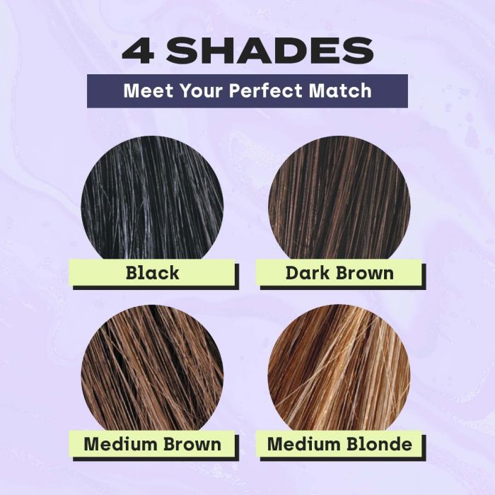 4 shades, meet your perfect match, black, dark brown, medium brown, and medium blond
