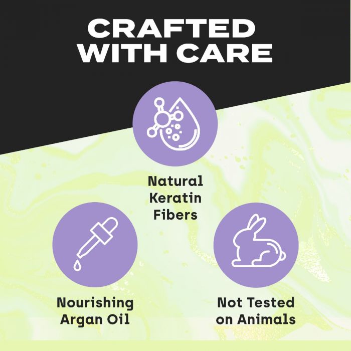 crafted with care, natural keratin fibers, nourishing argan oil, and not tested on animals