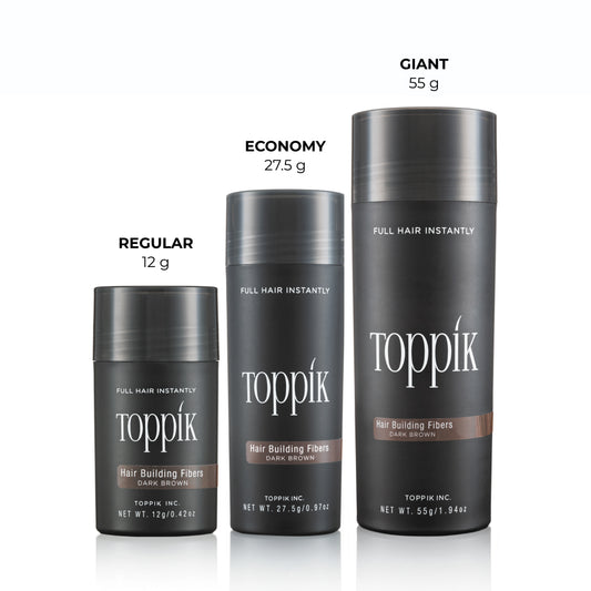 Toppik Hair Building Fibers in Dark Brown shown in regular, economy, and giant bottle sizes.