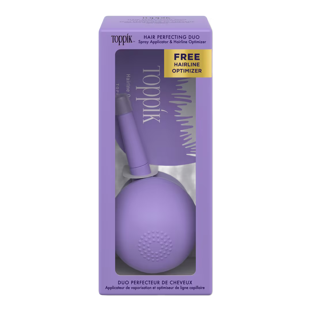 Box of Toppik hair perfecting duo, spray applicator and hairline optimizer