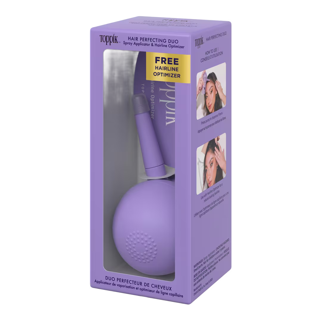 Box of Toppik hair perfecting duo, spray applicator and hairline optimizer