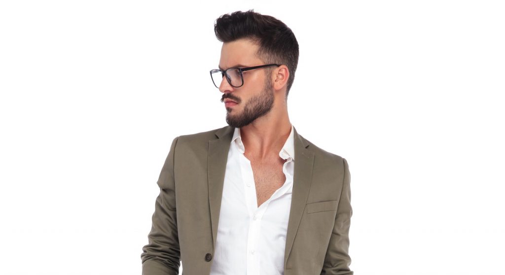 man side white background glasses push forward hairstyle choosing maintaining widows peak man toppik hair blog