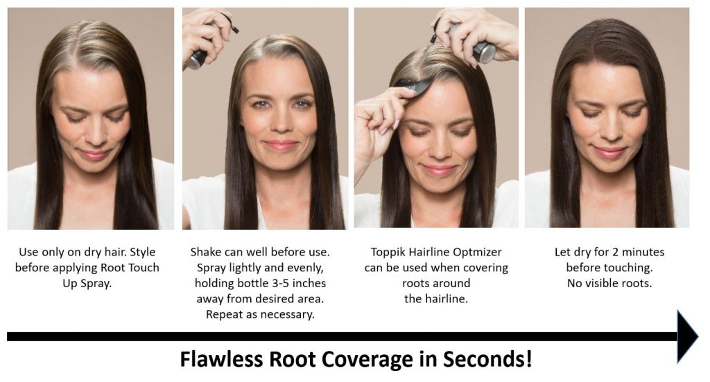 Woman with gray roots applying Toppik root touch up spray to roots in 4 images the best root touch up spray toppik hair blog